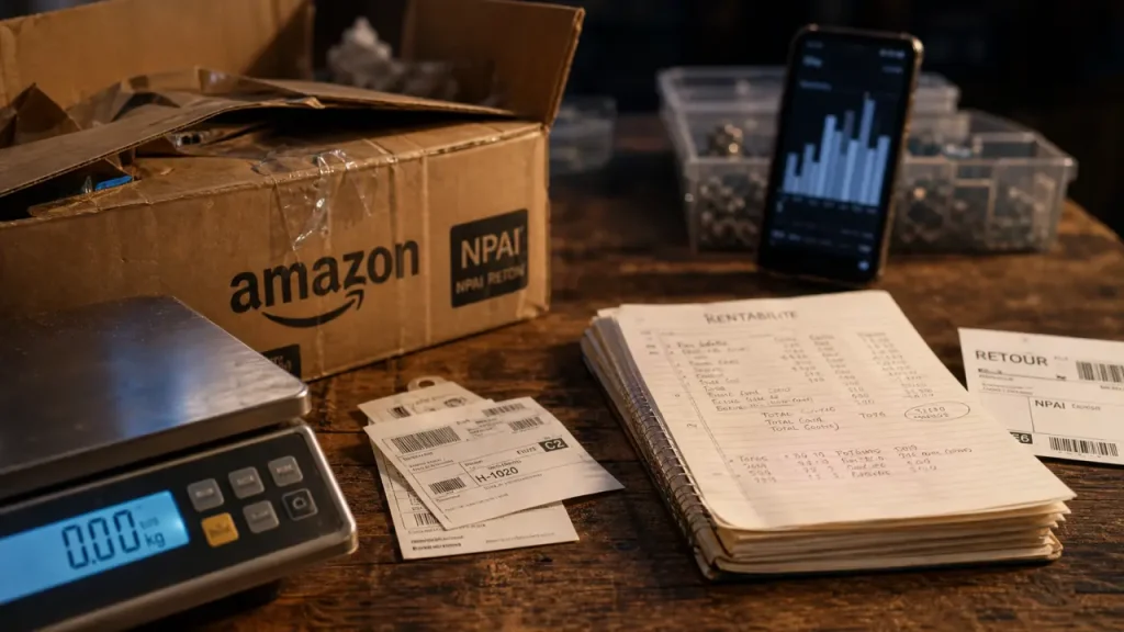 Achat colis perdu Amazon : colis NPAI ouvert sur bureau