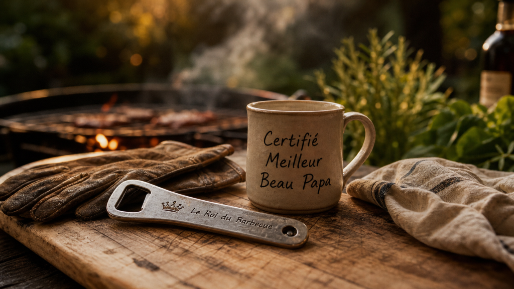 Beau pere cadeau : décapsuleur gravé et mug pour barbecue