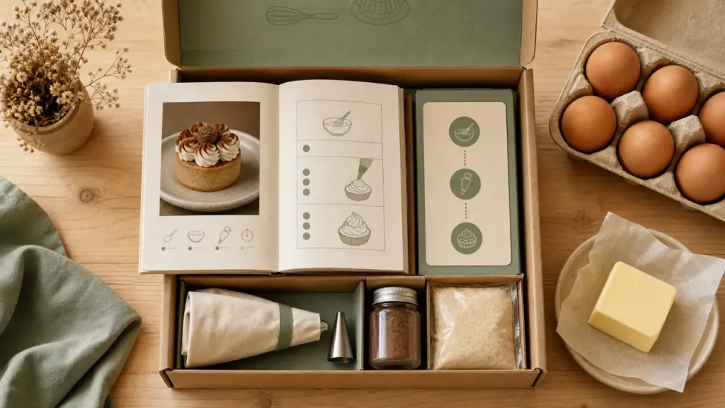 Box pâtisserie pour tartes, ganaches et entremets, coffret ouvert sur table en bois