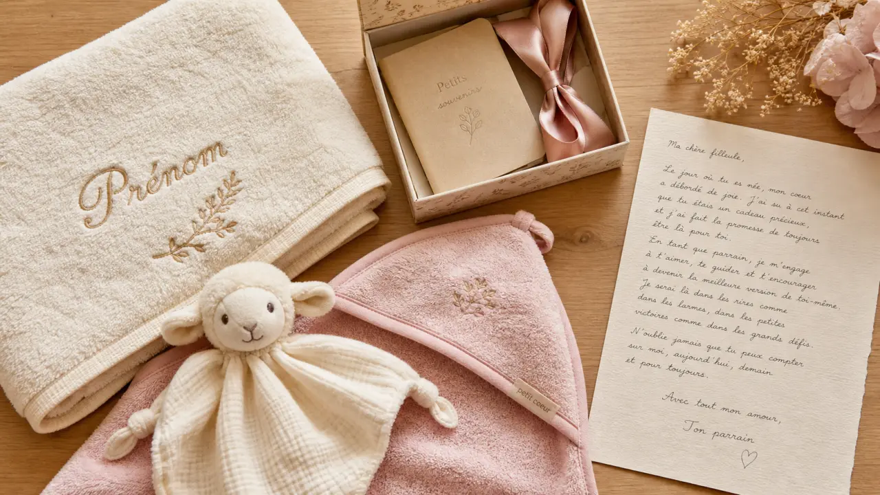 Cadeau filleul personnalisé : couverture bébé, cape et lettre du parrain