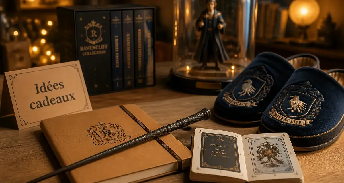 Cadeau sur Harry Potter : chaussons Gryffondor et baguette magique sur table