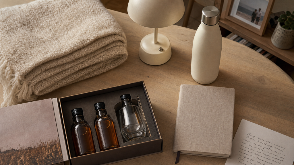 Cadeau homme 70 ans : coffret dégustation, carnet et gourde sur table en bois