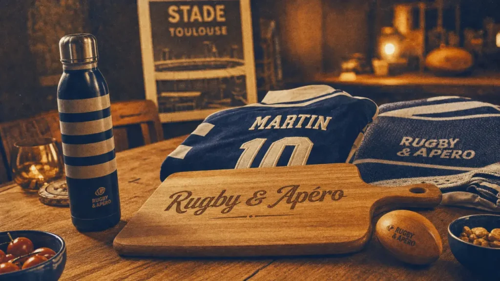 Cadeau pour rugbyman : planche gravée Rugby & Apéro, gourde et maillot brodé