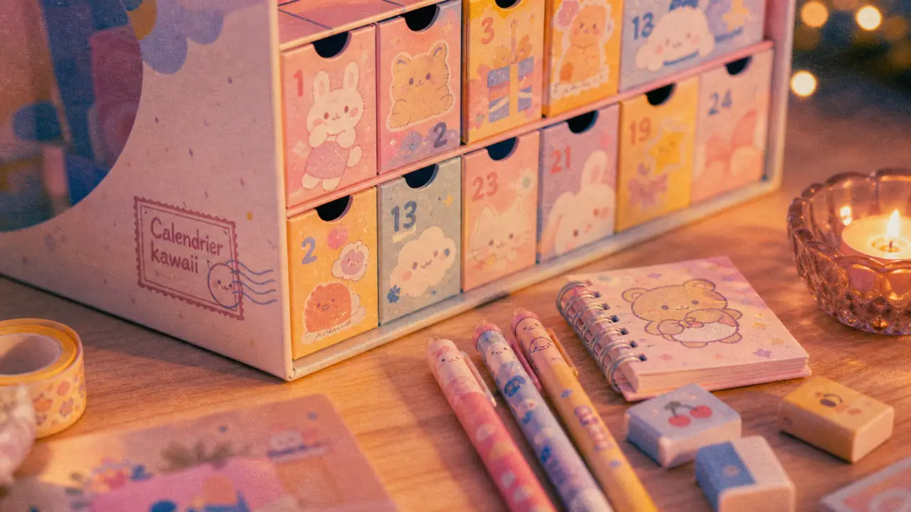 Calendrier de l'avent kawaii : papeterie et mini bougie