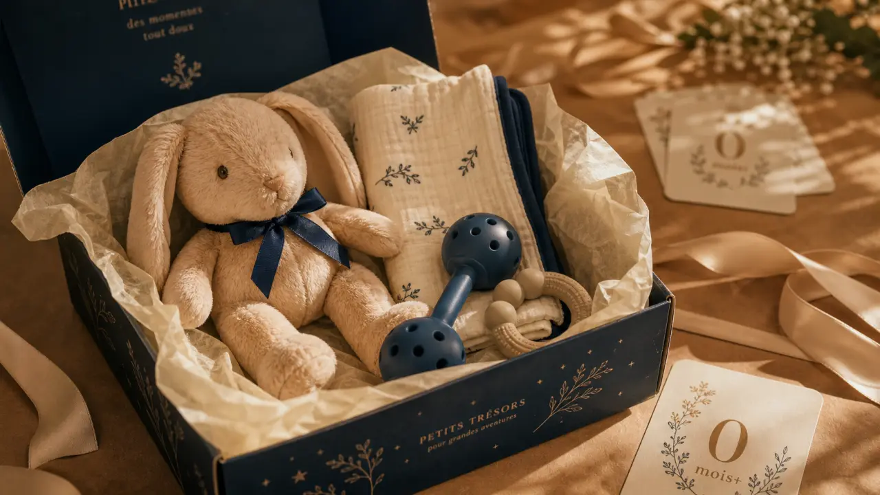 Coffret cadeau enfant avec doudou, hochet et anneau de dentition