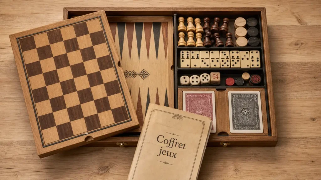 Coffret jeux de société en bois, contenu du coffret