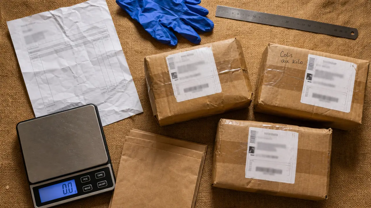 Destock colis au kilo : colis et balance digitale, prix au kilo