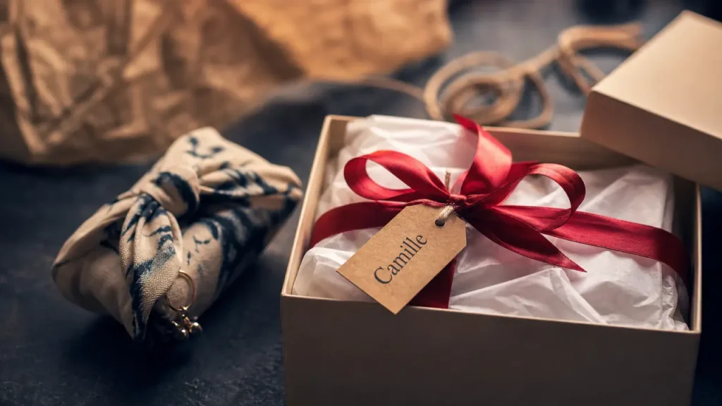 Emballage original pour cadeau : boîte rigide crème et furoshiki noué
