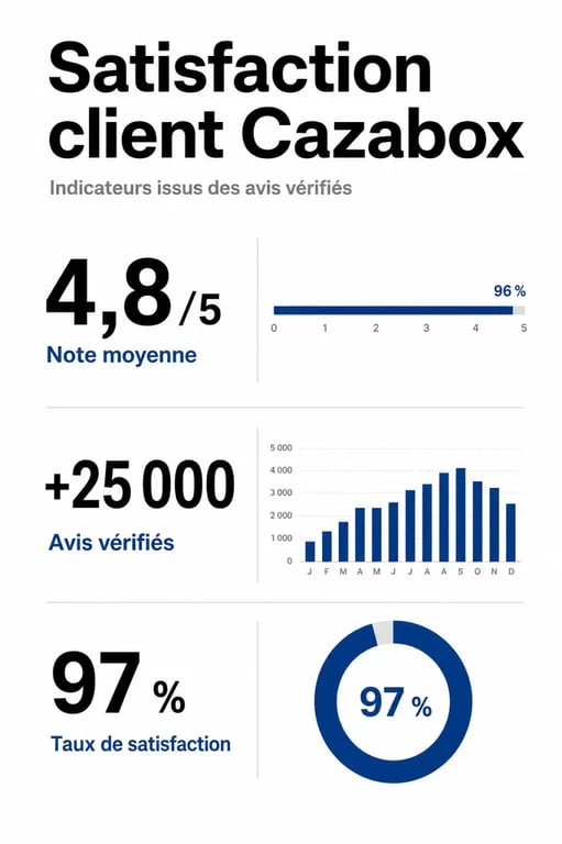 Infographie des avis clients Cazabox : note de 4,8 sur 5 et taux de satisfaction de 97%.