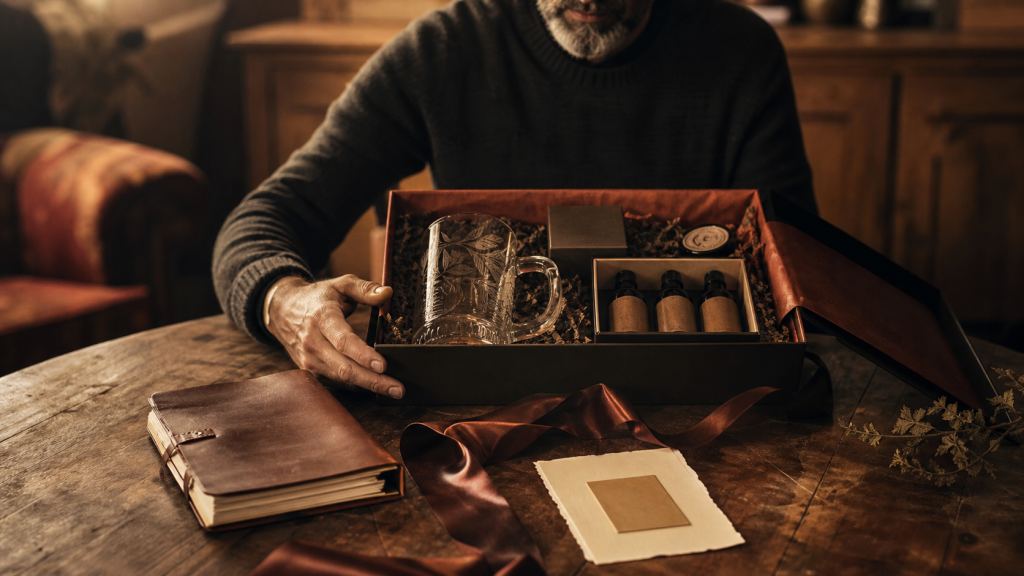Idée cadeau 60 ans homme : coffret anniversaire sur table en bois