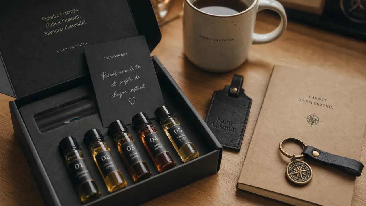 Idée cadeaux homme Saint-Valentin : coffret dégustation ouvert et carte