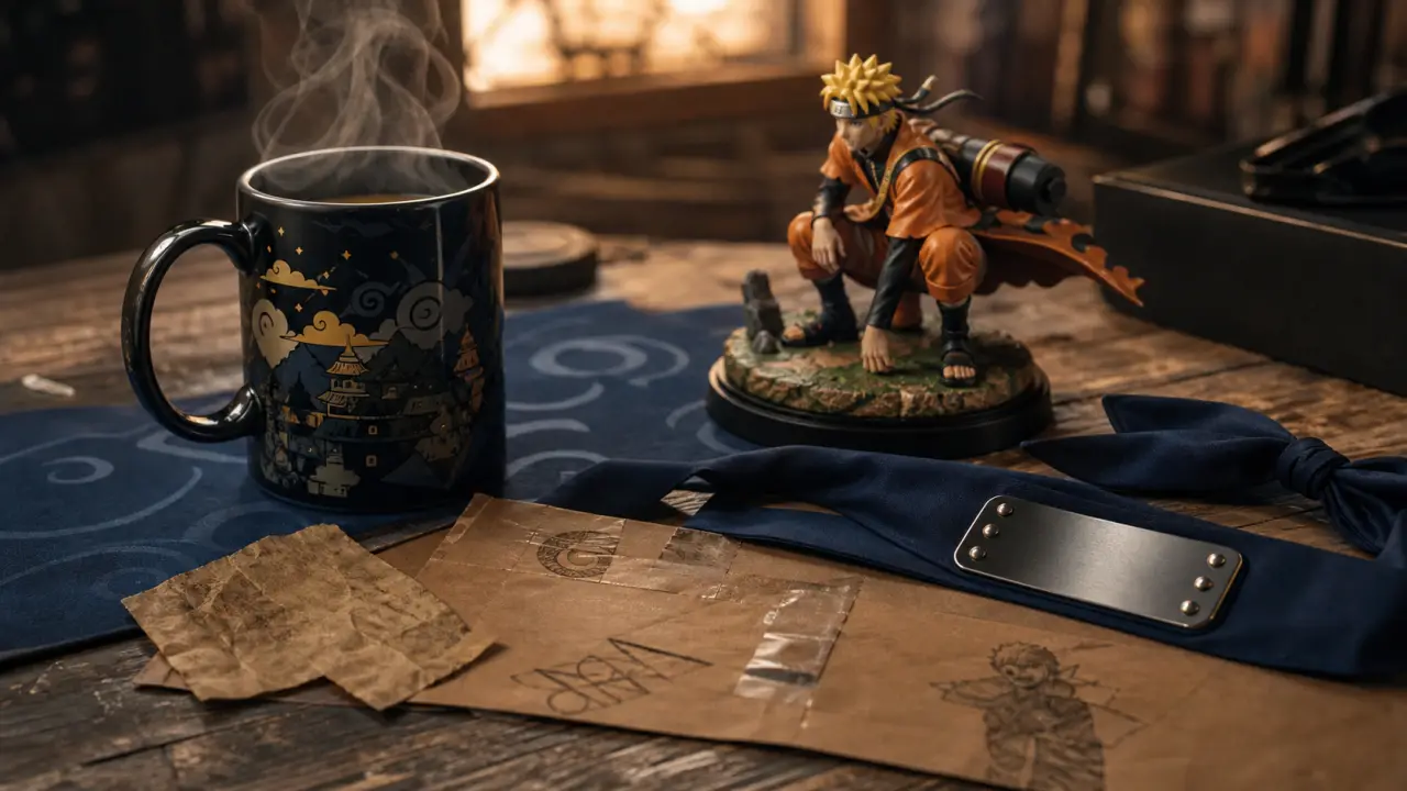 Objets Naruto : figurine collector et bandeau adulte, accessoires Naruto sur bureau