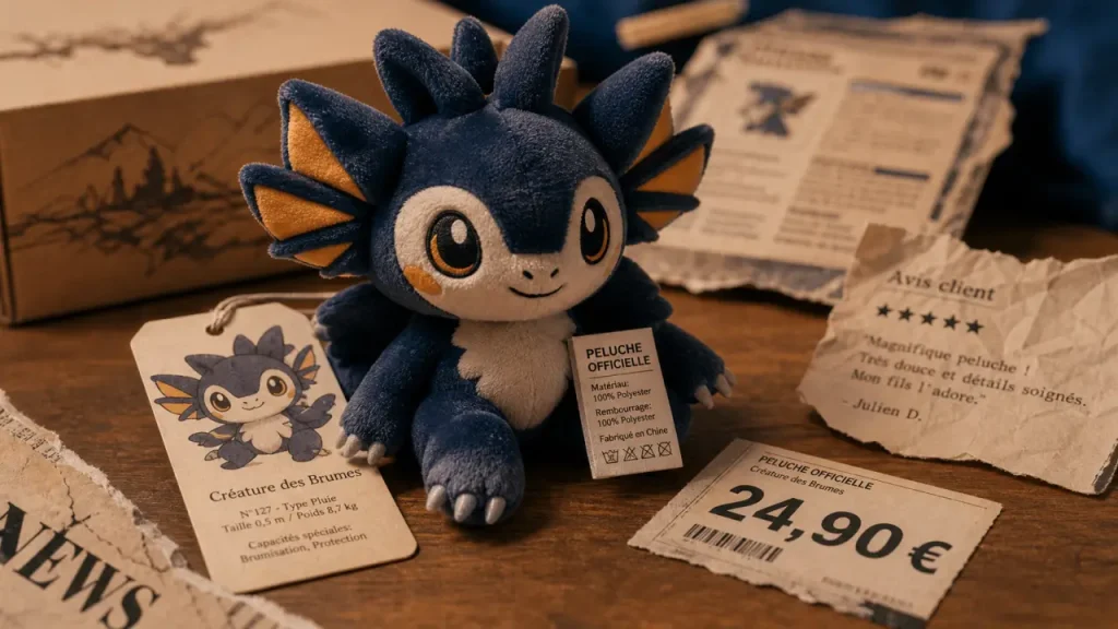Peluche pokemon officiel avec étiquette et prix sur table en bois