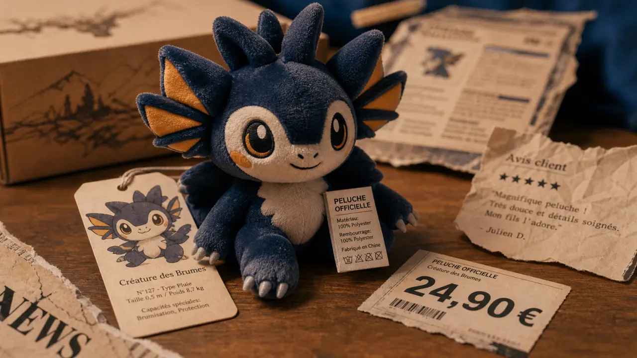 Peluche pokemon officiel avec étiquette et prix sur table en bois