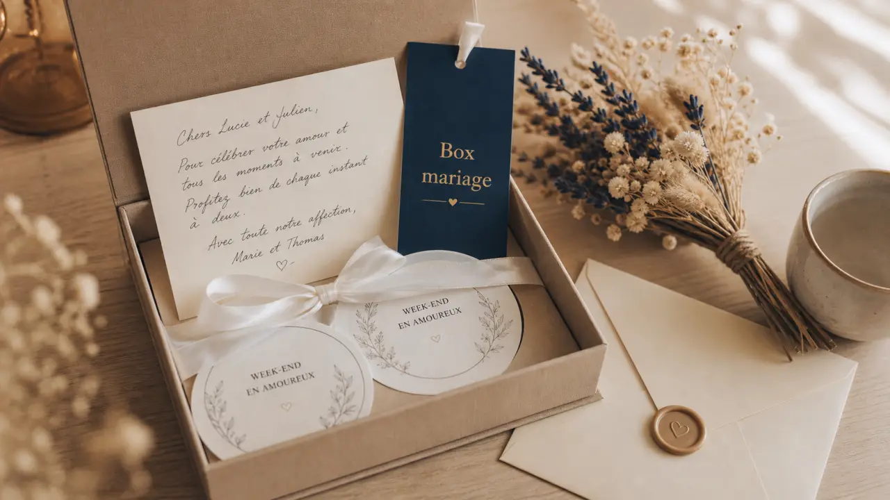 Box cadeau mariage : coffret ouvert sur table en bois clair