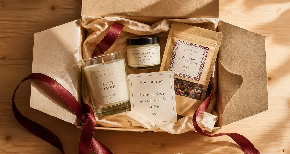 Box surprise ouverte : coffret cadeau personnalisé sur table