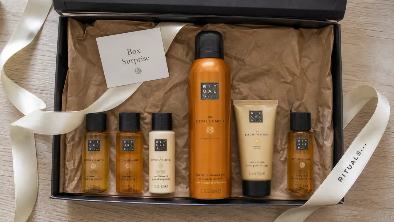 Box surprise rituals : mini flacons et full-size sur table, coffret ouvert