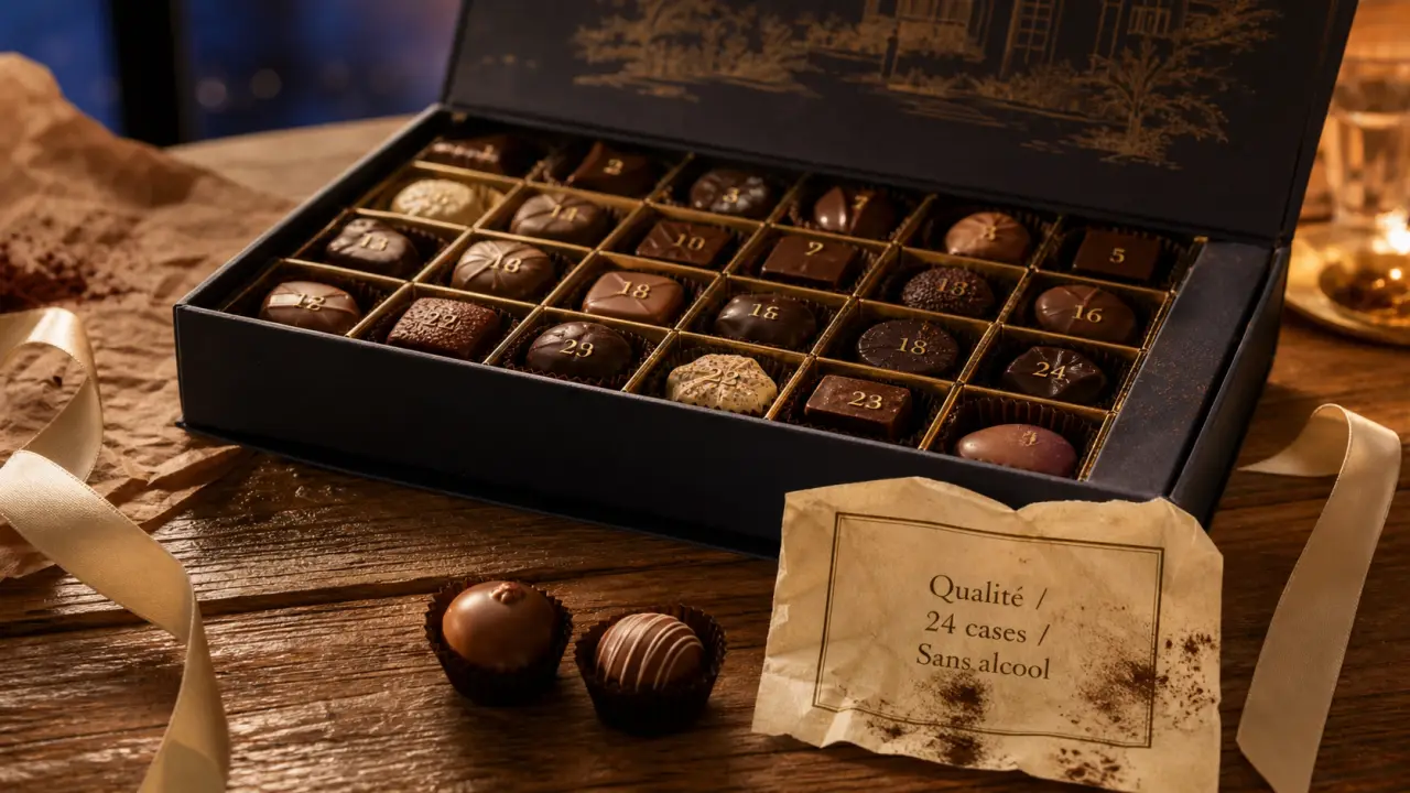 Calendrier avent chocolatier 24 cases : boîte ouverte et chocolats assortis