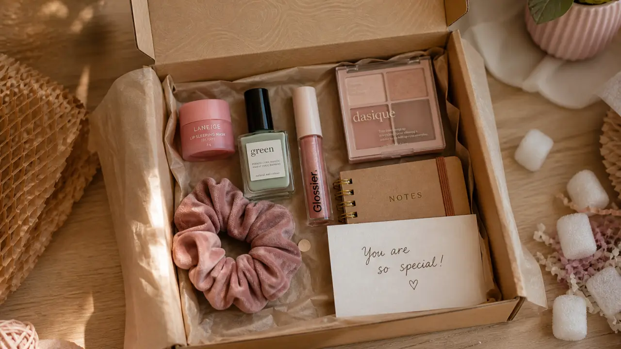 Coffret cadeau ado fille beauté : gloss, mini palette, baume teinté, carnet