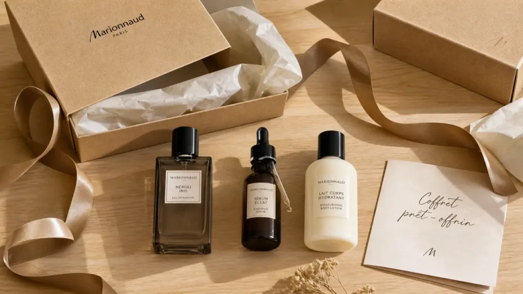 Coffret cadeau marionnaud avec parfum, soin et maquillage prêt à offrir