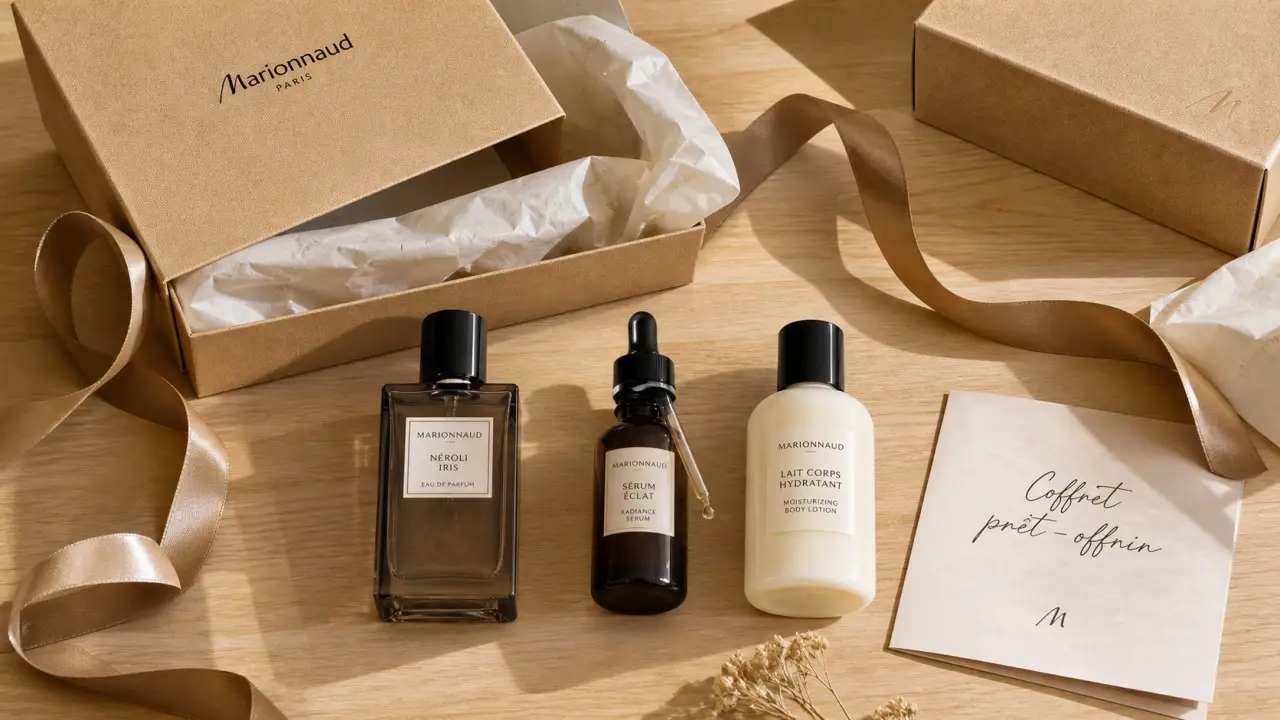 Coffret cadeau marionnaud avec parfum, soin et maquillage prêt à offrir