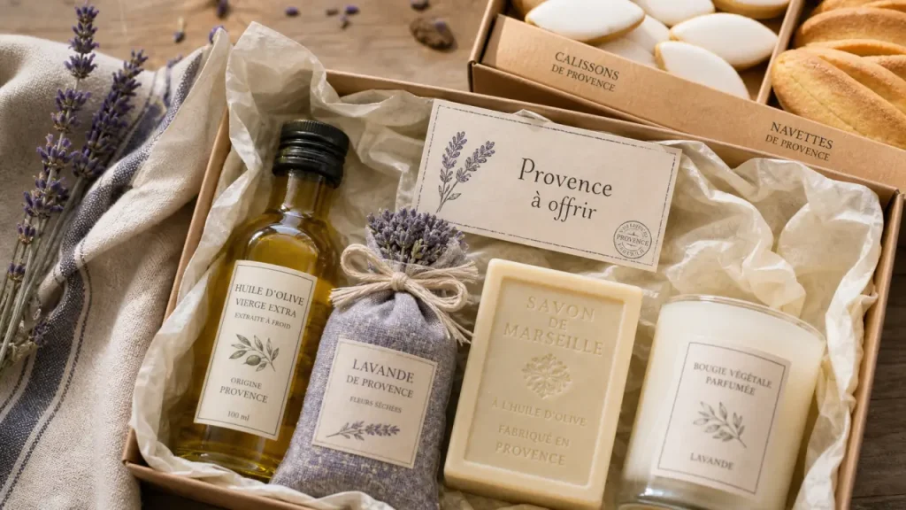 Coffret cadeau produits provençaux en Provence à offrir : huile d’olive, savon, lavande