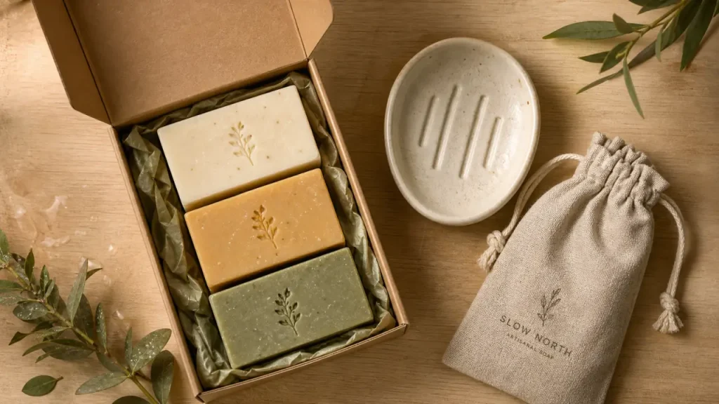 Coffret cadeau savon : pains artisanaux, porte-savon et pochon en lin