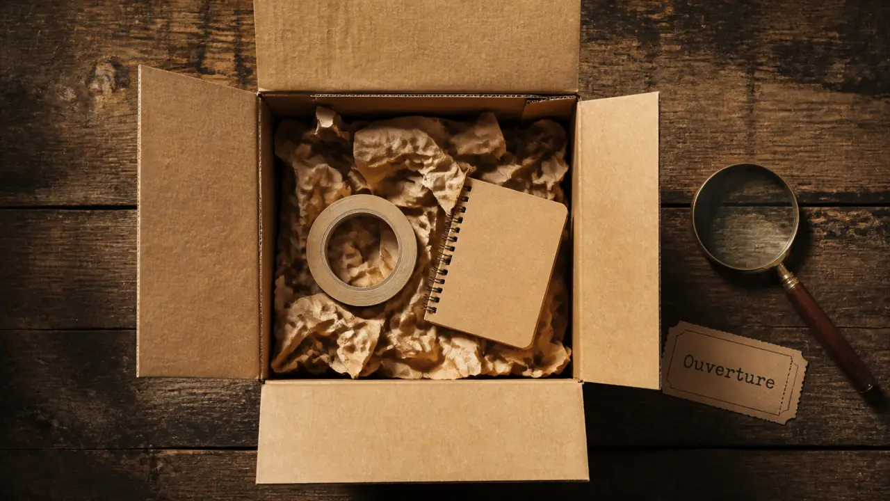 Déballage synonyme : carton kraft ouvert, ruban et carnet