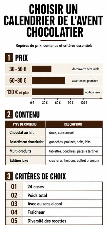 Infographie sur le calendrier avent chocolatier : prix, contenu et critères de choix