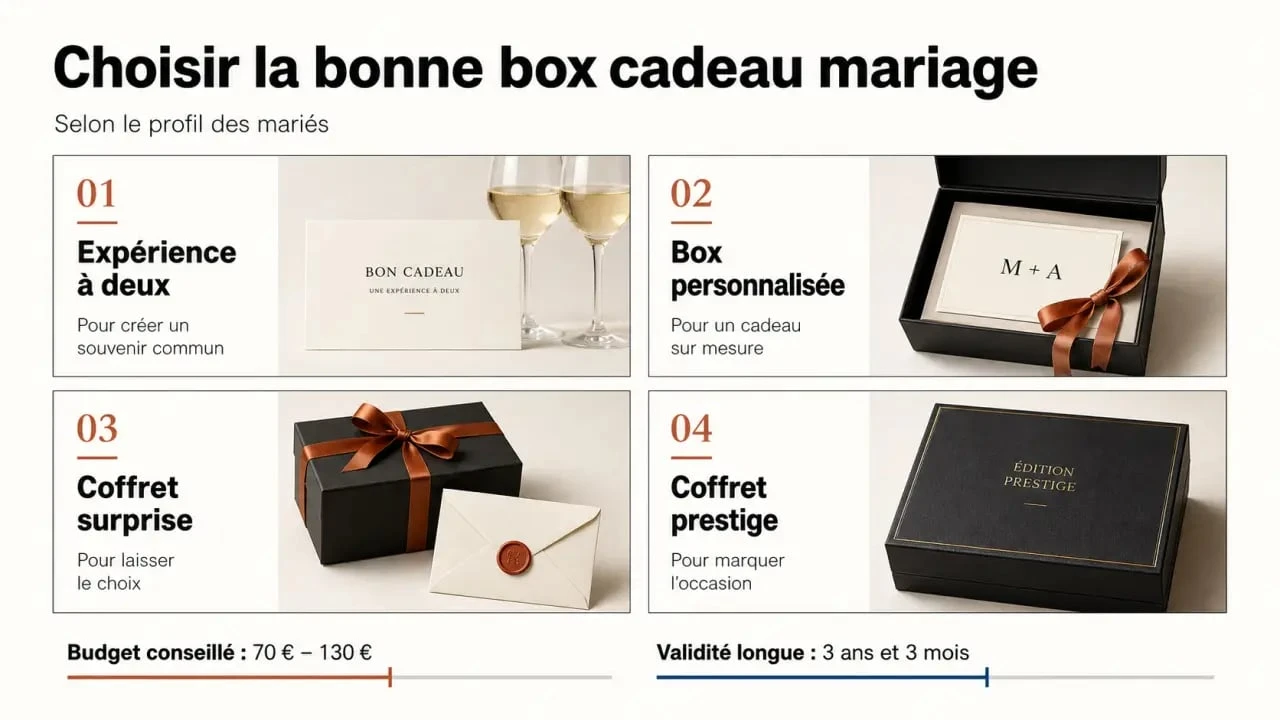 Box cadeau mariage : comparatif visuel des types de coffrets, du budget et des critères de choix