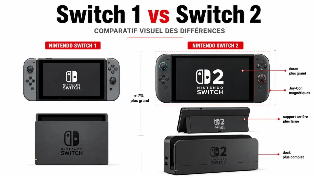 Unboxing switch 2 comparé à la Switch 1 dans une composition éditoriale claire