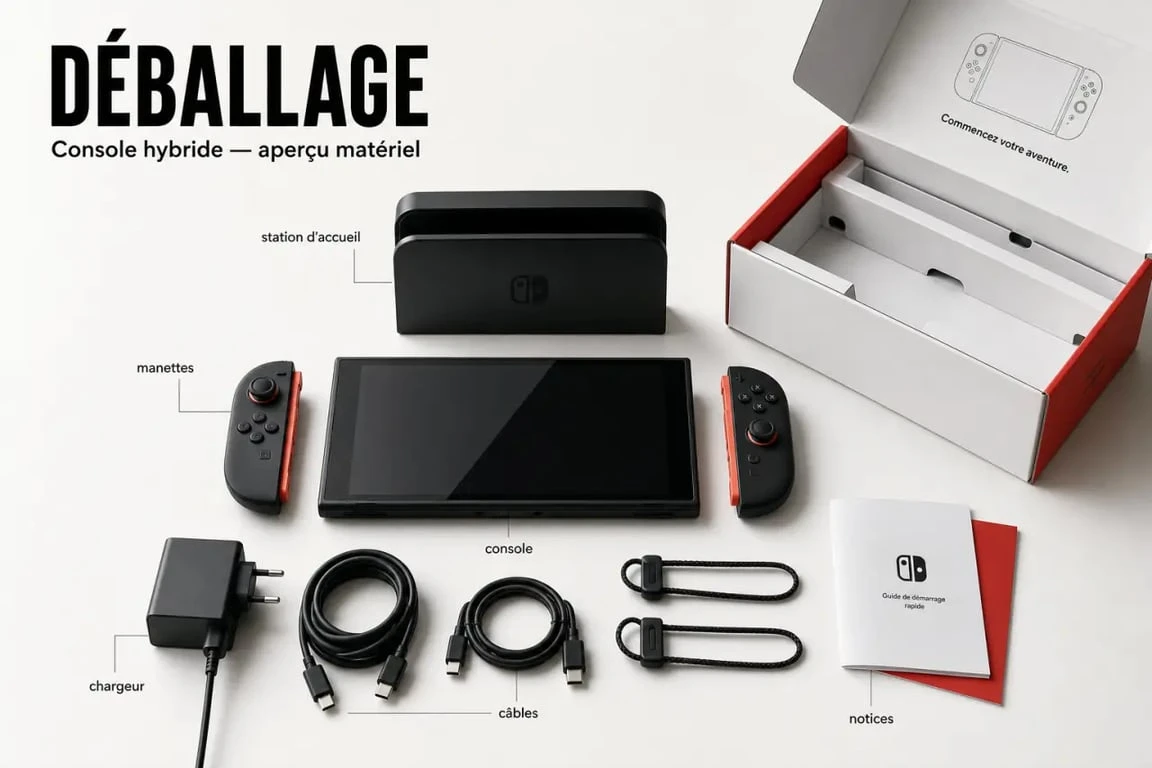 Unboxing switch 2 avec console, Joy-Con 2, dock et câbles disposés sur une table