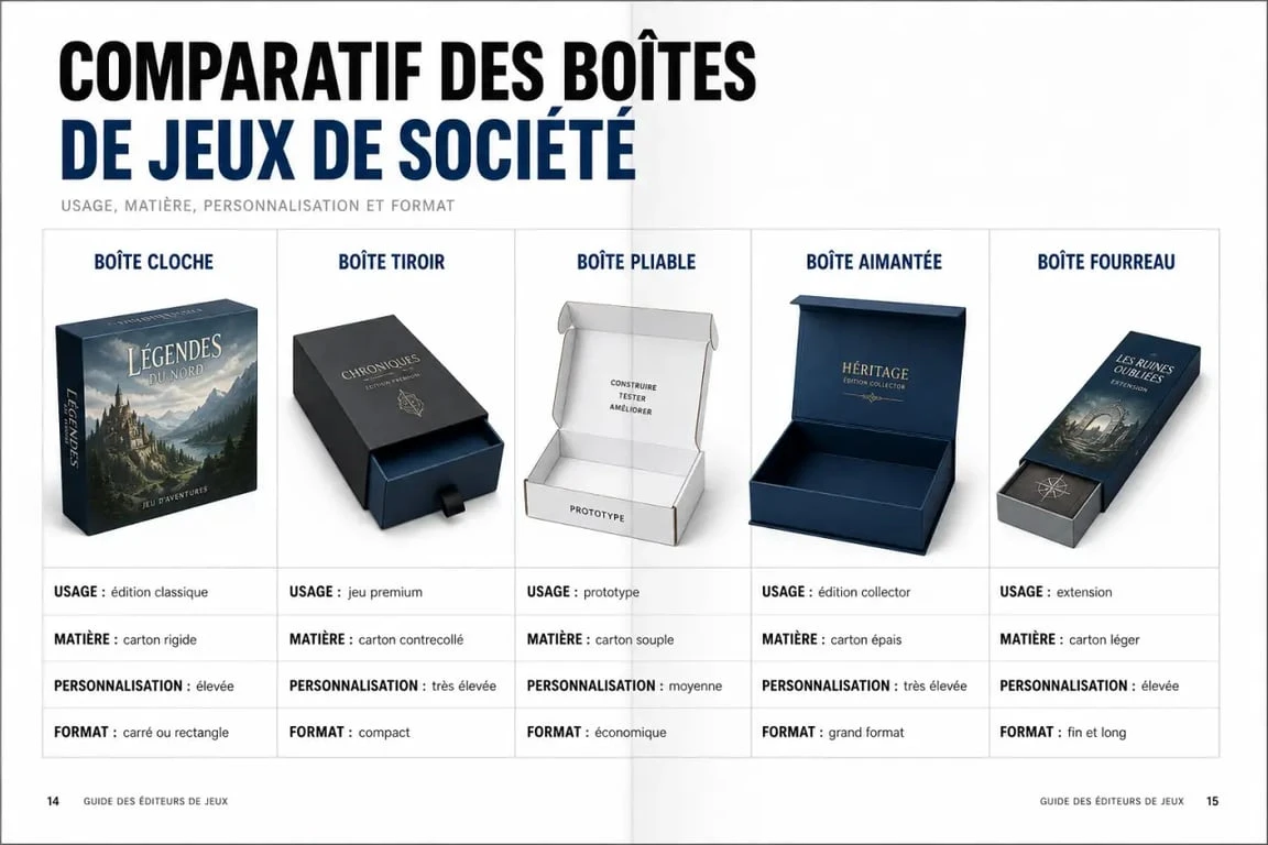 Comparatif visuel des boîtes de jeux de société selon l’usage, la matière et la personnalisation