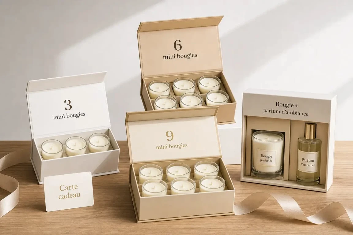 Coffret bougie cadeau prêt à offrir avec plusieurs formats de coffrets et emballages élégants