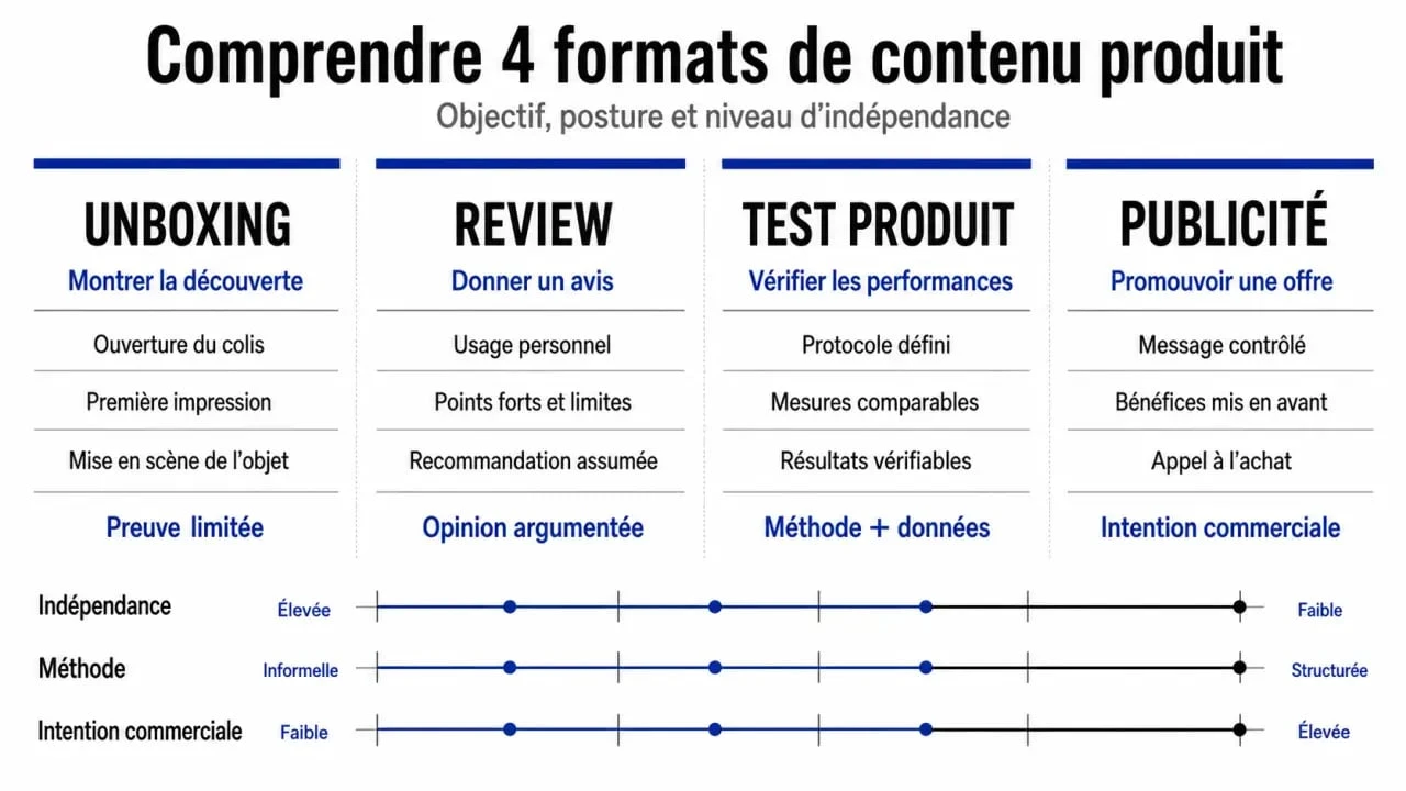 Unboxing def : comparaison visuelle entre unboxing, review, test produit et publicité
