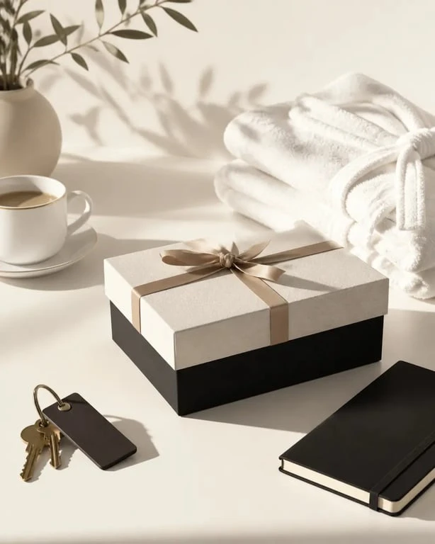 Coffret cadeau pour un week end présenté dans une scène élégante d’escapade avec clés d’hôtel et petit-déjeuner