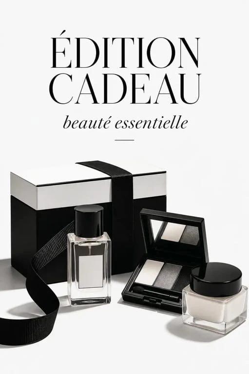 Coffret cadeau Chanel luxueux avec parfum, maquillage et soin dans une composition éditoriale sobre