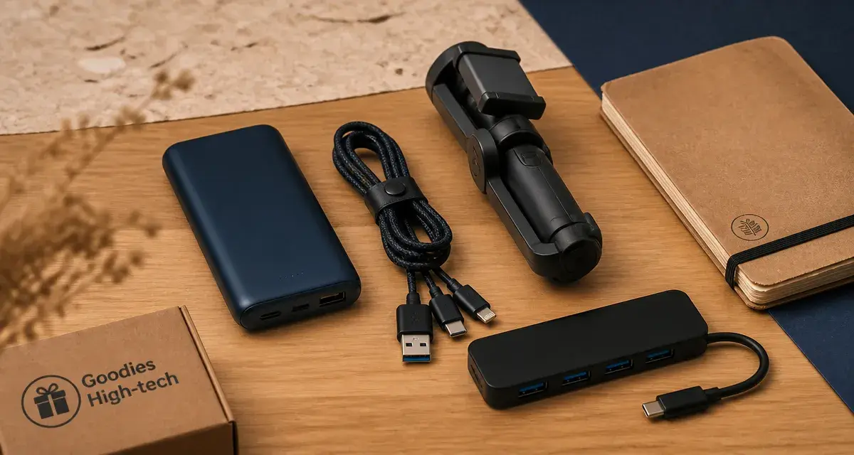 Goodies high tech utiles : hub USB, batterie et câbles sur bureau, éco-responsable