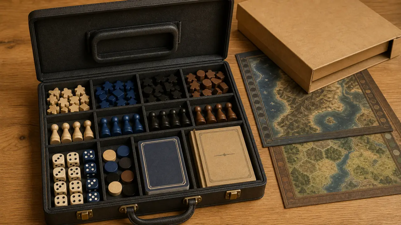 Mallette jeux de société ouverte, poignée intégrée, jeux en bois et dés