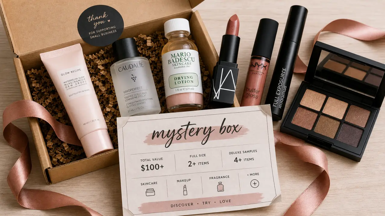 Mystery box maquillage avec cosmétiques, rouge à lèvres et mascara