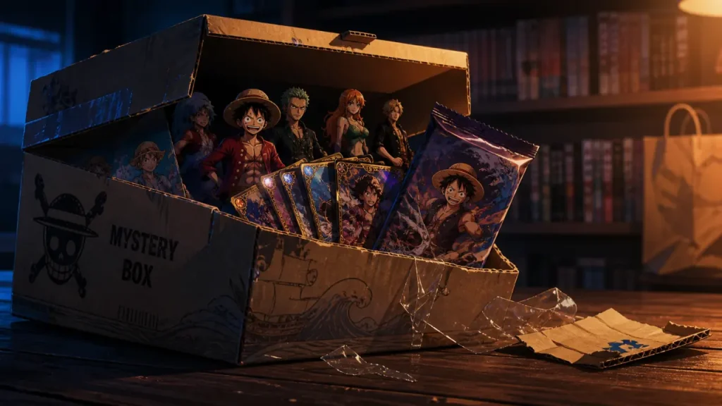 Mystery box one piece : figurines officielles, cartes gradées, booster scellé
