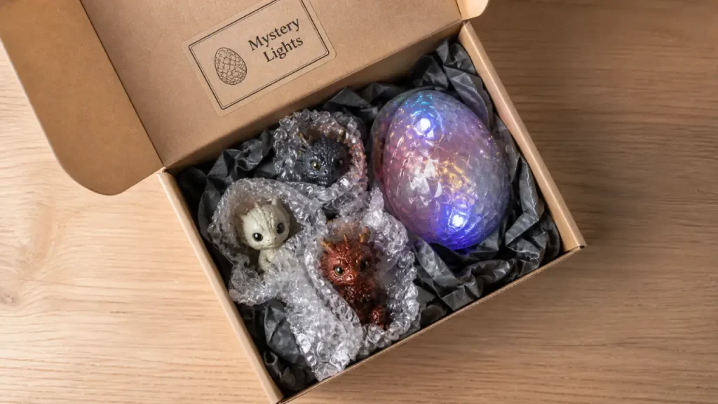 mystery box sur table en bois, coffret entrouvert et œuf collectible LED