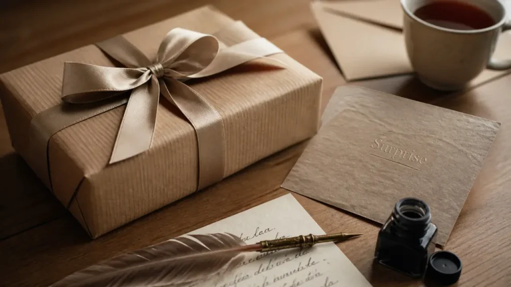 Texte pour annoncer un cadeau surprise : carte et paquet cadeau sur fond bois