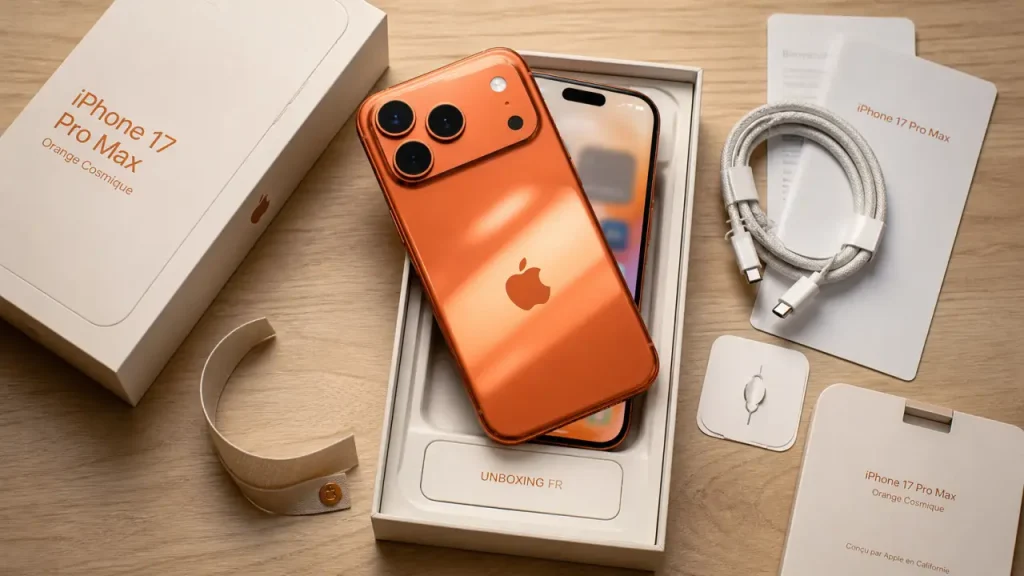 unboxing iphone 17 pro max : boîte ouverte, coloris orange cosmique, accessoires