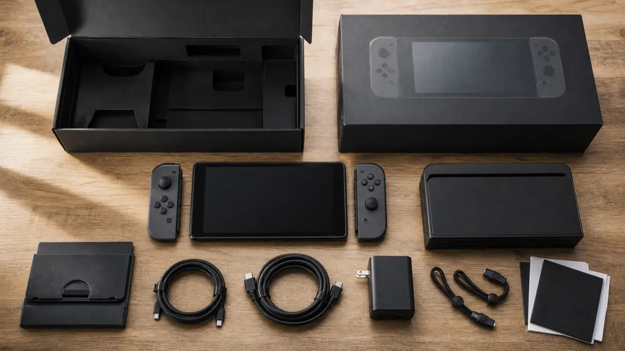 Unboxing switch 2 : boîte ouverte, écran et Joy-Con 2 sur table